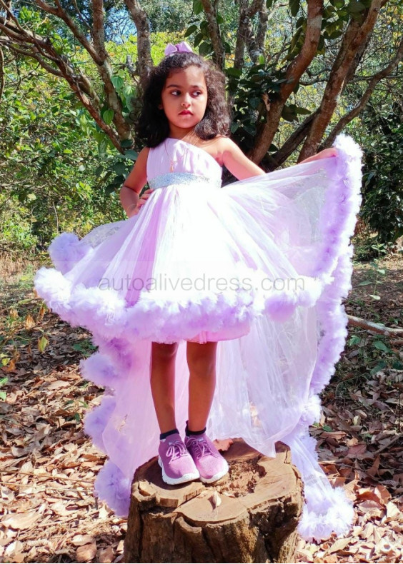 One Shoulder Lavender Tulle Ruffles High Low Flower Girl Dress